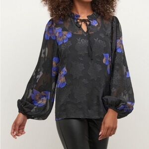 Kaffe Kameda Blouse Size Large Sheer Balloon Sleeve Black Blue Floral Applique